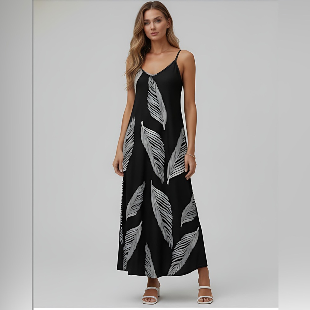 Boho Leaf Print Sleeveless Maxi Dress Black - Picture 1 of 9